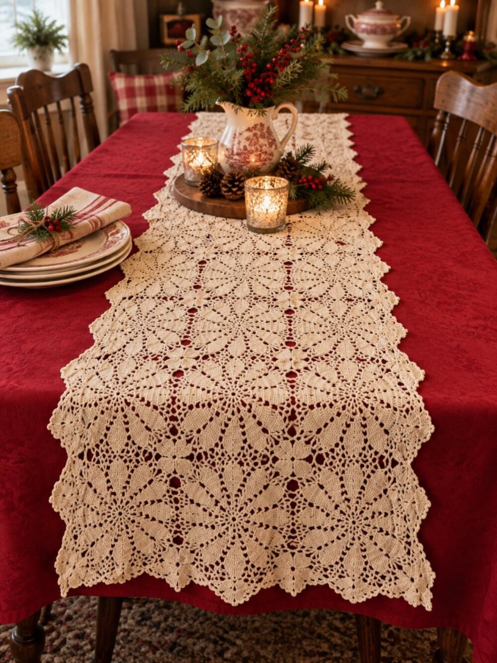 Vintage Hand Crocheted Ecru Cotton Table Runner 15" x 66" Floral Lace Cottagecor